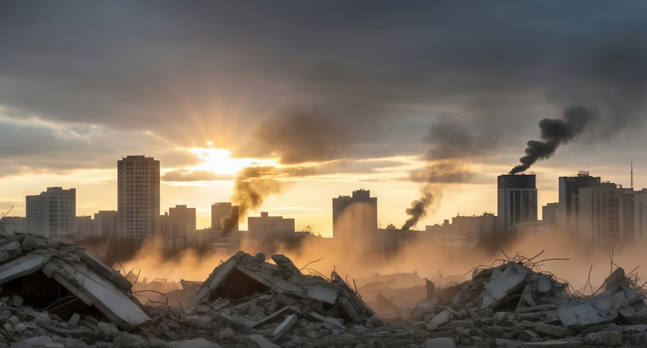 The picture shows a city skyline affected by war and partly destroyed